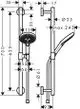 Hansgrohe Brauseset mit drei Strahlarten, einschließlich einer Handbrause und einer verstellbaren Brausestange, klar strukturiert mit Maßangaben und unterschiedlichen Durchmessern.